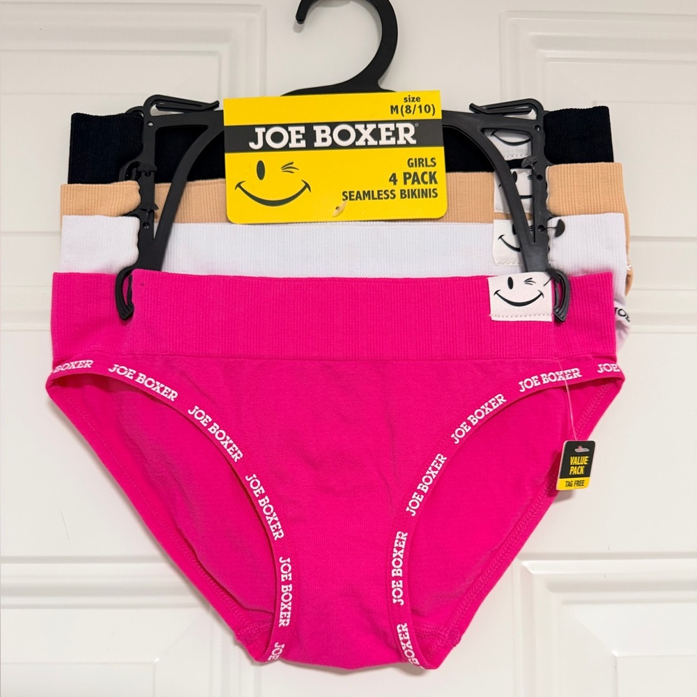 Joe Boxer Girls 4-Pack Seamless Bikini Briefs - Hot Pink, White, Black, Tan